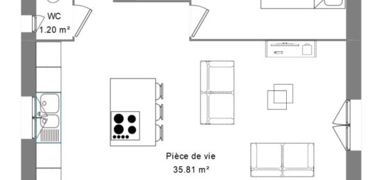 Plan de maison Surface terrain 50 m2 - 2 pièces - 1  chambre -  sans garage 