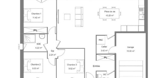 Plan de maison Surface terrain 80 m2 - 3 pièces - 3  chambres -  avec garage 