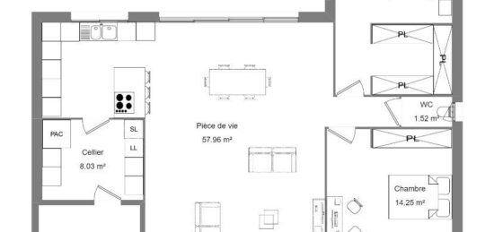 Plan de maison Surface terrain 100 m2 - 3 pièces - 2  chambres -  avec garage 