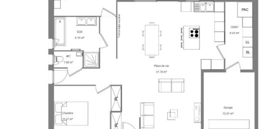 Plan de maison Surface terrain 90 m2 - 4 pièces - 2  chambres -  avec garage 