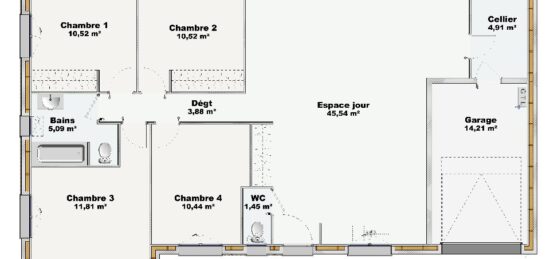 Plan de maison Surface terrain 104 m2 - 5 pièces - 4  chambres -  avec garage 