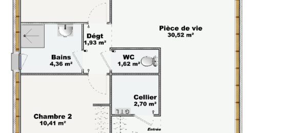 Plan de maison Surface terrain 65 m2 - 3 pièces - 2  chambres -  sans garage 